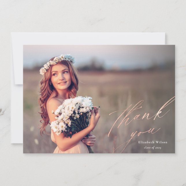 Hübsche Rose Gold Script Foto Abschluss Vielen Dan Dankeskarte (Vorderseite)