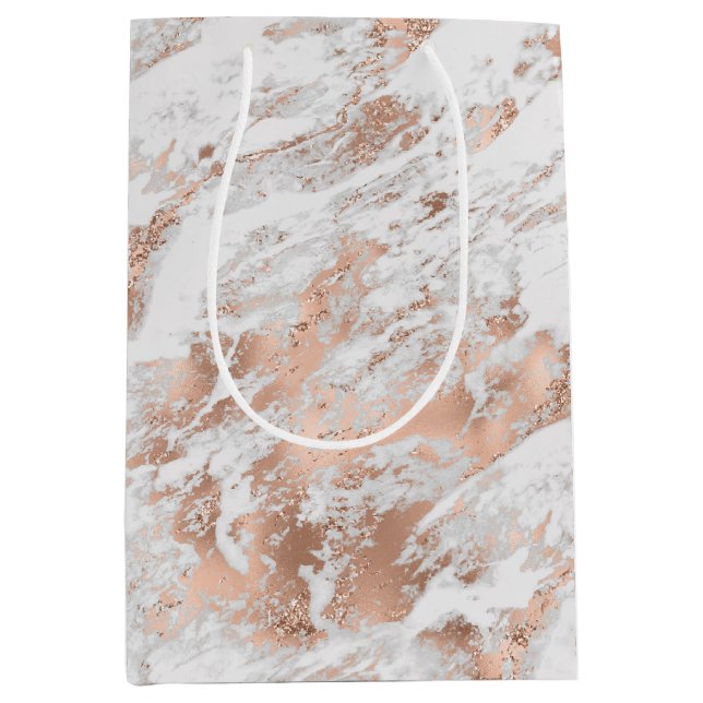 Hübsche Rose Gold Weißer Glitzy Marmor Mittlere Geschenktüte (Vorderseite)