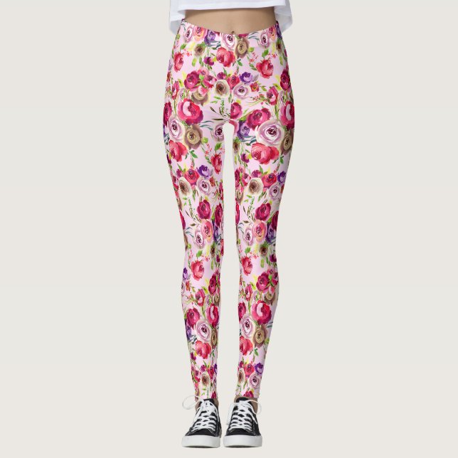 Hübsche Rose Pink Chic Wasserfarbe Peony Leggings (Vorderseite)