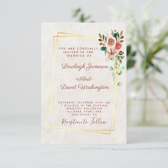 Hübsche Rose und Goldhochzeit Einladung (Stehend Vorderseite)