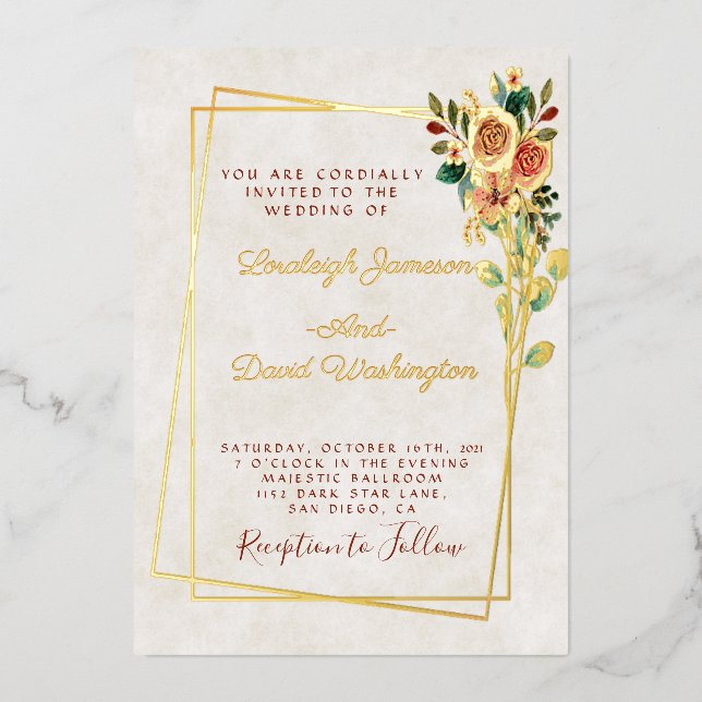 Hübsche Rose und Goldhochzeit Folieneinladung (Vorderseite)