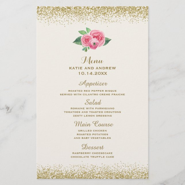 Hübsche Rosen und Glitzer-Hochzeitsmenü (Vorderseite)