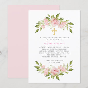 Hübsche Rosen und Goldkreuz   Taufe Einladung