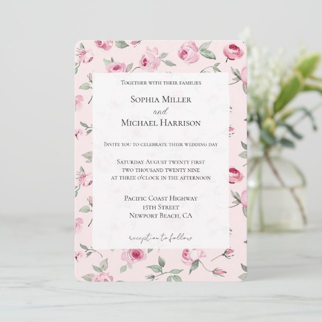 Hübsche Rosenblütenhochzeit Einladung (Stehend Vorderseite)