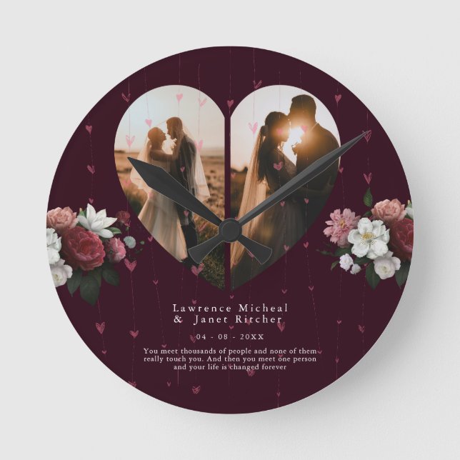 hübsche Rote Herzform Paare Fotos Geschenk Runde Wanduhr (Vorderseite)