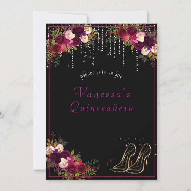 Hübsche Rote Rosen funkeln Sterne Hoch Heels Quinc Einladung (Vorderseite)