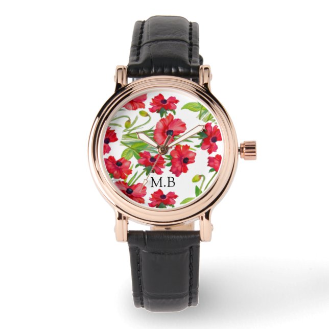 Hübsche Rote Wasserfarben Personalisierte Poppies Armbanduhr (Vorderseite)