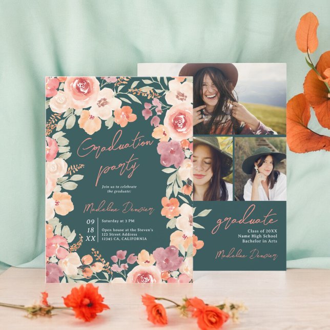 Hübsche rustikale boho blumengeschmückte aquamarin einladung (Pretty rustic boho floral teal 3 photos graduation invitation on dark teal)