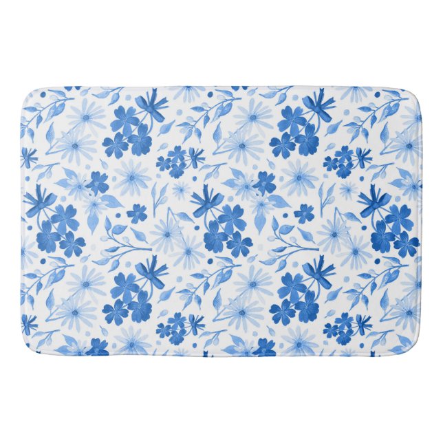 Hübsche rustikale Country Blue Floral Botanic Badematte (Vorderseite)