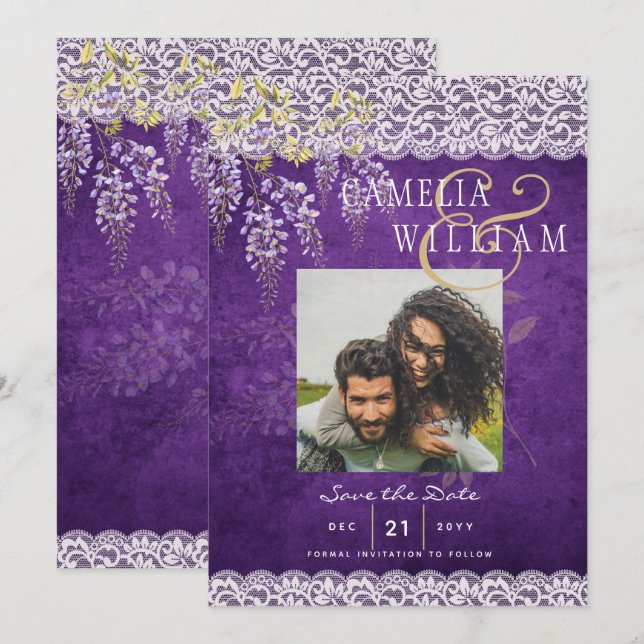 Hübsche Rustikale Lila WISTERIA Hochzeit Einladung (Vorne/Hinten)