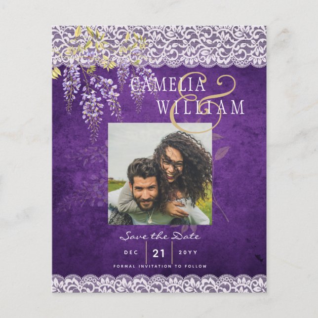 Hübsche Rustikale Lila WISTERIA Hochzeit Flyer (Vorne)