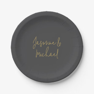 Hübsche Schicke Kalligrafie-Paarnamen Grau & Gold Pappteller
