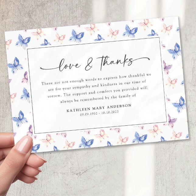 Hübsche Schmetterlinge Lilac Blue Beileid Beerdigu Dankeskarte (Von Creator hochgeladen)