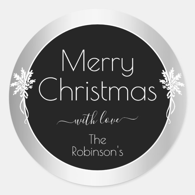 Hübsche Schneeflocken im Black Silver Frame Weihna Runder Aufkleber (Vorderseite)