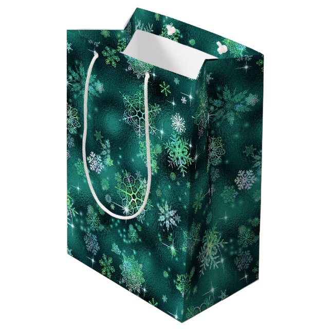 Hübsche Schneeflocken Muster Green ID846 Mittlere Geschenktüte (Rückseite Schrägansicht)