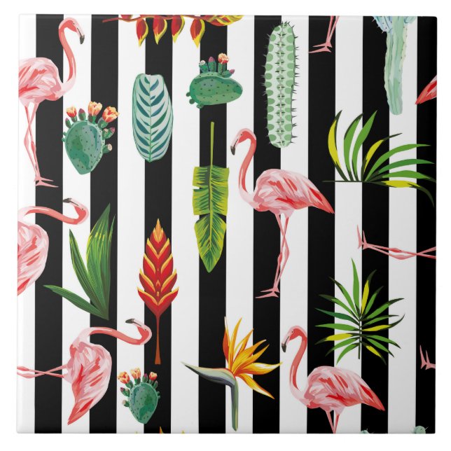 Hübsche Schwarz-weiße Streifen mit Flamingo Cactus Fliese (Vorderseite)