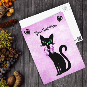 Hübsche schwarze Katze grüne Augen Herzen Schleife Postkarte