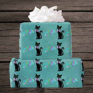 Hübsche schwarze Katze im Mid-Century-Stil mit ros Geschenkpapier
