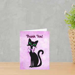 Hübsche schwarze Katze mit grünen Augen und rosa S Dankeskarte
