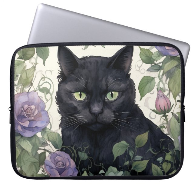 HÜBSCHE SCHWARZE KATZE UMGEBEN VON PFLANZE UND BLU LAPTOPSCHUTZHÜLLE (Vorderseite)