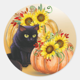 Hübsche schwarze Katze und Kürbiskreide Halloween Runder Aufkleber