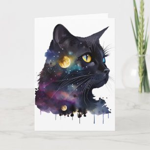Hübsche schwarze kosmische Aquarell-Weltraumkatze Karte