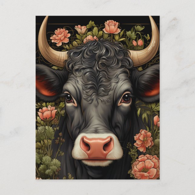 Hübsche Schwarze Kuh bei Blume Postkarte (Vorderseite)