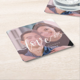 Hübsche Script-LIEBE Pastel Pink Foto Hochzeit Rechteckiger Pappuntersetzer