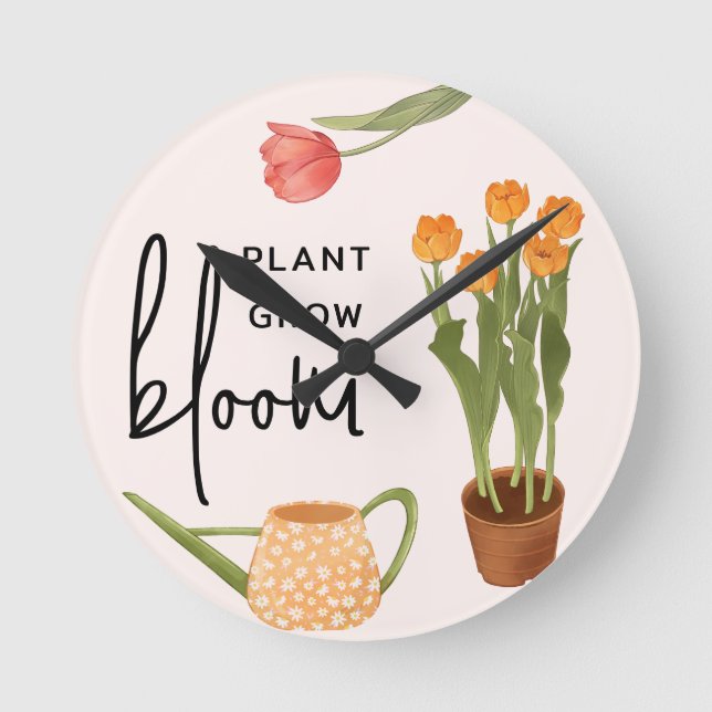 Hübsche Script-Pflanze Grow Bloom Tulip Runde Wanduhr (Vorderseite)