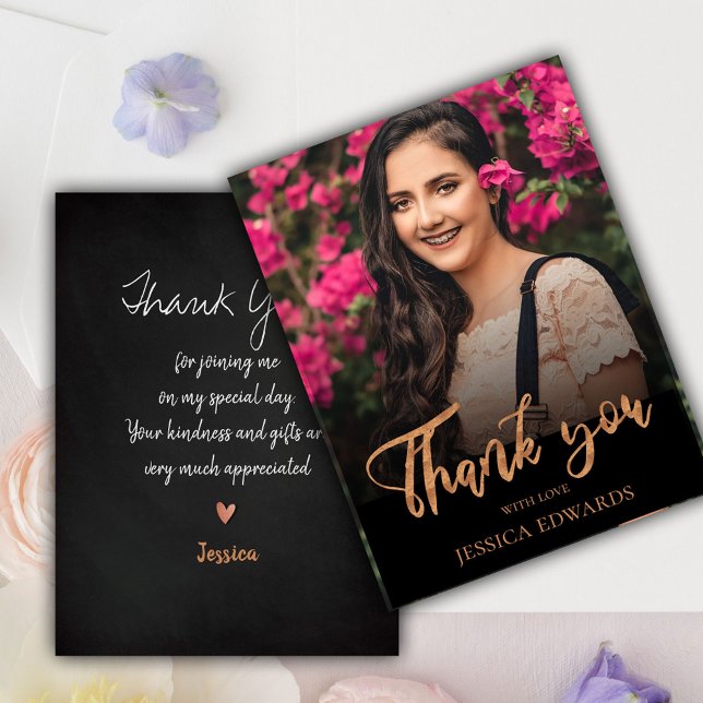 Hübsche Script Rose Gold Foto Abschluss Vielen Dan Postkarte (Pretty Script Rose Gold Photo Graduation Thank You Postcard)