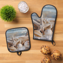 Hübsche Seashells White Pearls Driftwood Ofenhandschuh & Topflappen-Set