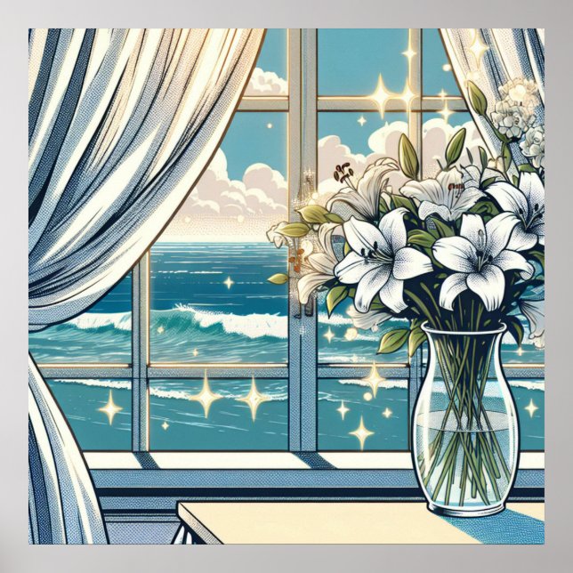 Hübsche Sicht auf den Ozean und Vase der Blume Poster (Vorne)