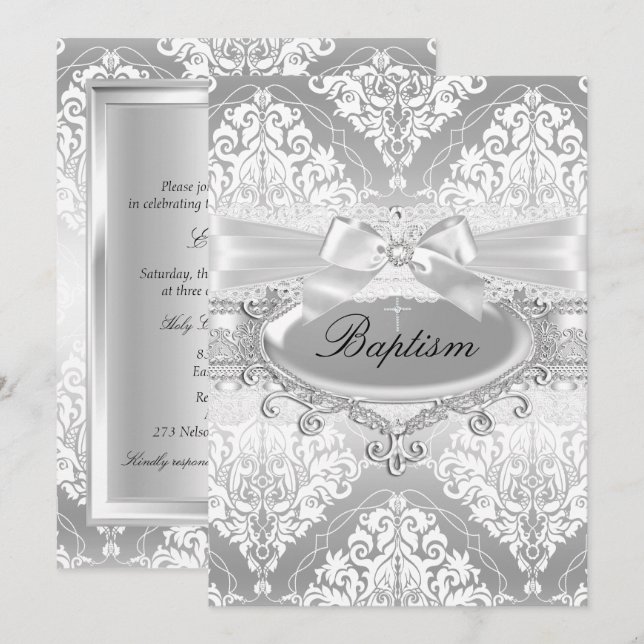 Hübsche Silver Damask Bow Taufe Einladung (Vorne/Hinten)
