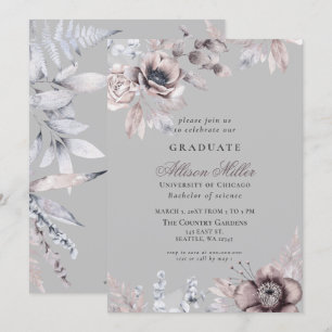 Hübsche Silver Gray Mauve Floral Graduation Party Einladung