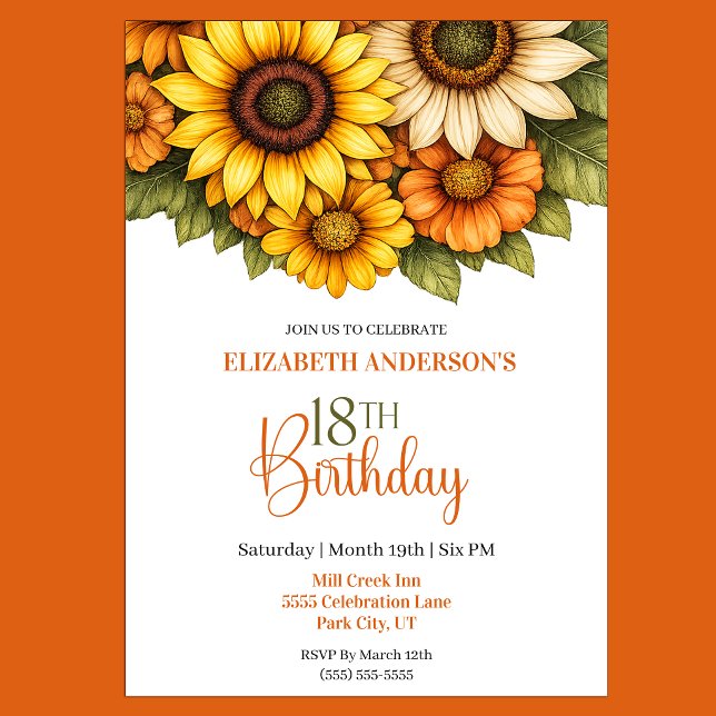 Hübsche Sonnenblume 18. Geburtstag Einladung (Pretty Sunflower 18th Birthday Invitation For Her)