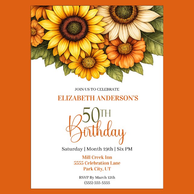 Hübsche Sonnenblume 50. Geburtstag Einladung (Pretty Sunflower 50th Birthday Invitation For Women.)