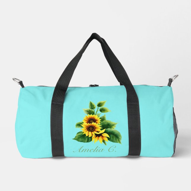Hübsche Sonnenblume und Name im Aquamarinen Hinter Duffle Bag (Vorderseite)
