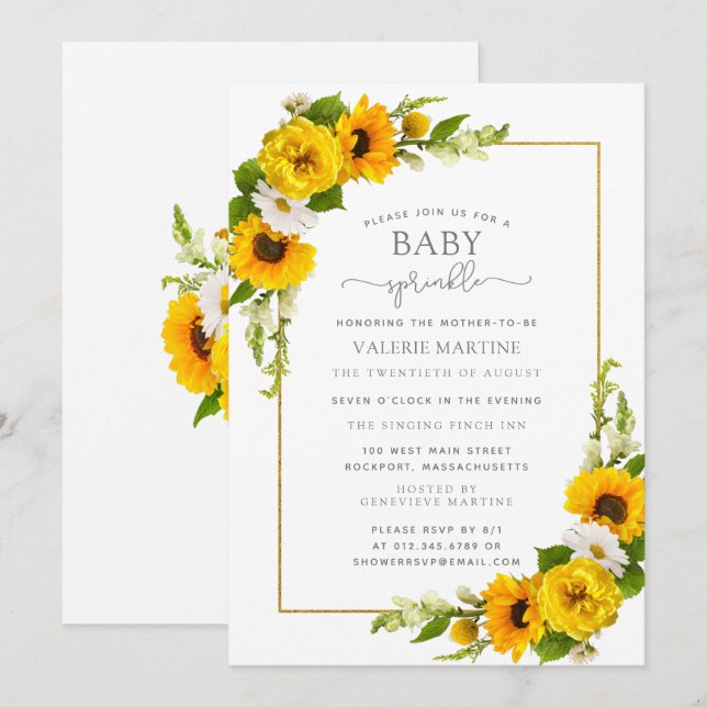Hübsche Sonnenblumen Blütenbaby Einladung (Vorne/Hinten)