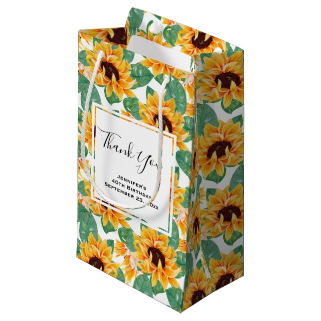 Hübsche Sonnenblumen Gelb & Grün Muster Vielen Dan Kleine Geschenktüte (Vorderseite Schrägansicht)