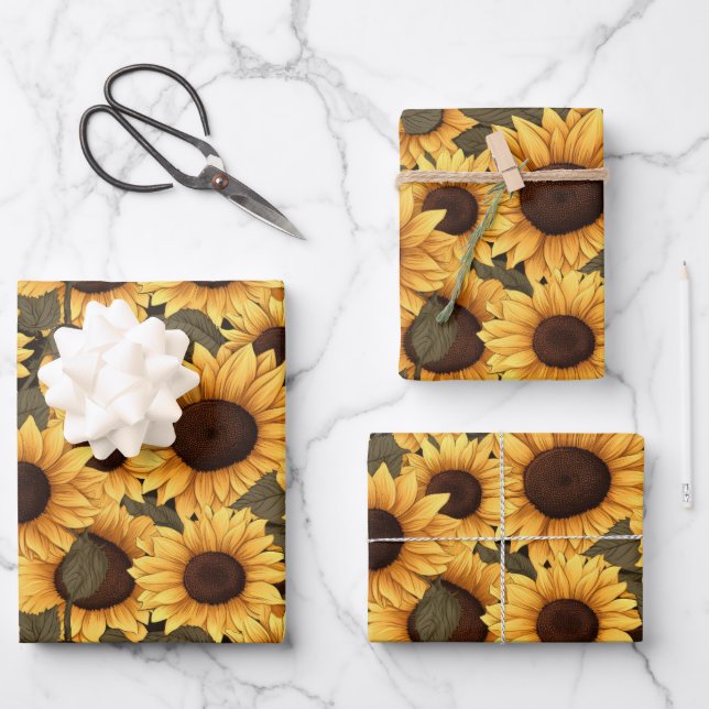 Hübsche Sonnenblumen-Illustration überall Geschenkpapier Set (Vorderseite)