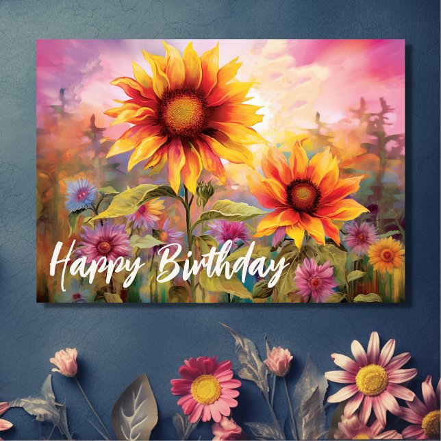 Hübsche Sonnenblumen mit farbenfrohen Blume Geburt Karte (Front - Pretty Sunflowers with Colorful Flowers Birthday Card)