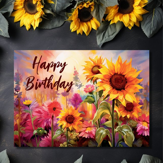Hübsche Sonnenblumen mit farbenfrohen Blume Geburt Karte (Front - Pretty Sunflowers with Colorful Flowers Birthday Card)