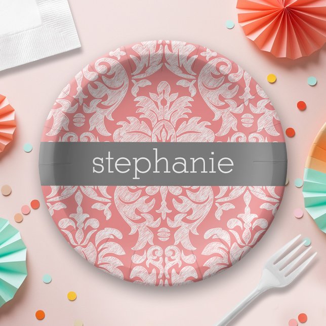Hübsche Spitze Damask Muster Korallengrau Pappteller (Personalized Party Plates)