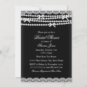 Hübsche Spitze & Perle Schwarze Hochzeitsdusche Ei Einladung