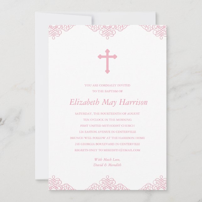 Hübsche Spitze| Taufe der rosa Girls/Christening Einladung (Vorderseite)