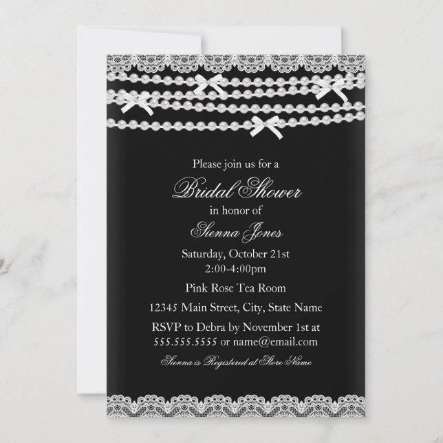 Hübsche Spitzen- und Perlendusche Schwarz Bridal E Einladung (Vorderseite)