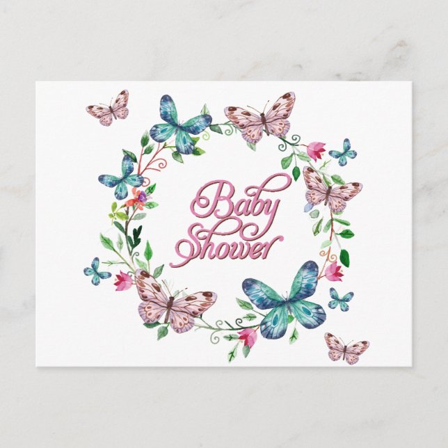 HÜBSCHE SPRING FLORAL BUTTERFLY WREATH BABY DUSCHE EINLADUNGSPOSTKARTE (Vorderseite)