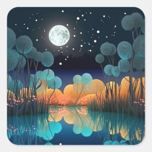 Hübsche Starry Sky Full Moon Lake Scene Quadratischer Aufkleber