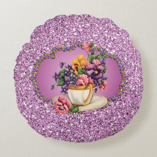 Hübsche Stiefmütterchen im Teacup Lavender Imitats Rundes Kissen