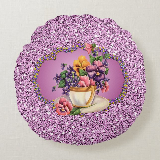 Hübsche Stiefmütterchen im Teacup Lavender Imitats Rundes Kissen (Vorderseite)